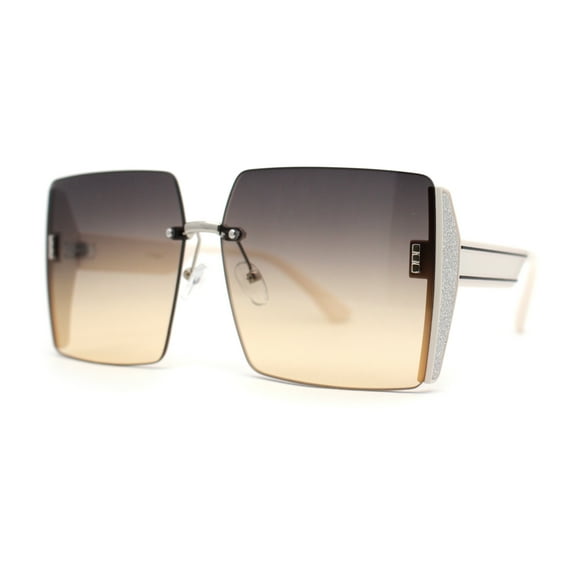 Womens Rimless Side Glitter Trim Oversize 90s Butterfly Sunglasses Ivory Silver Brown Beige