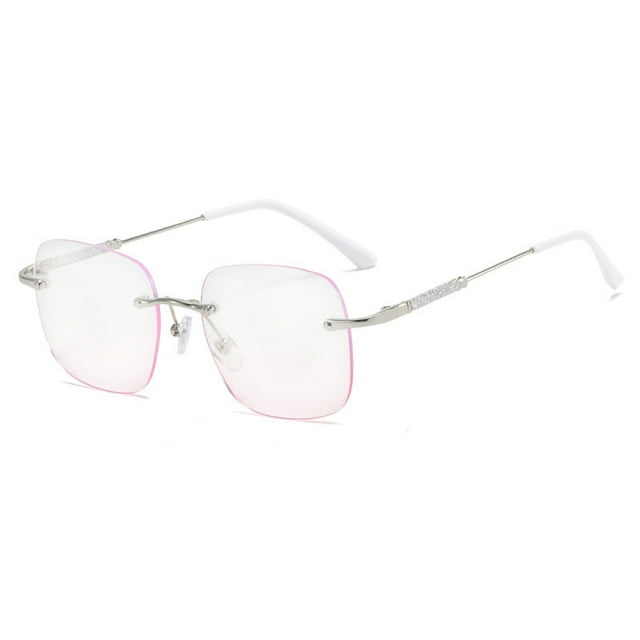 Womens Rimless Square Silver Reading Glasses 1.00 Ladies Anti-blue Light Gradient Pink Lenses Readers Metal Diamond Presbyopic Eyeglasses Oversized Sunglasses +1.0