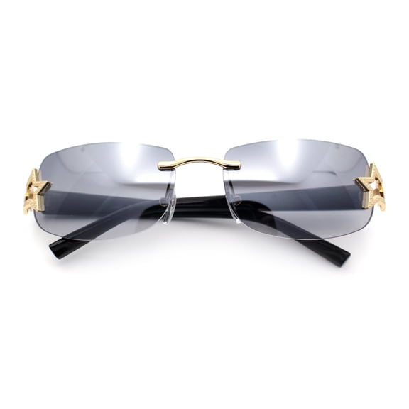 Womens Rimless Star Rhinestone Jewel Rectangle Wrap Fancy Sunglasses Gold Black - Smoke