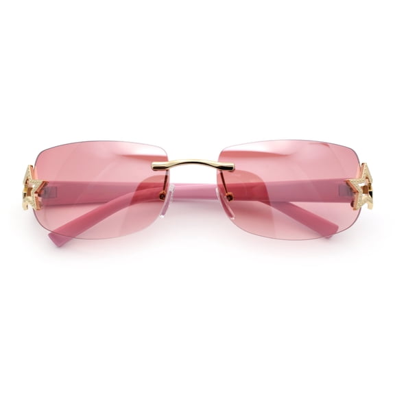 Womens Rimless Star Rhinestone Jewel Rectangle Wrap Fancy Sunglasses Gold Pink - Pink