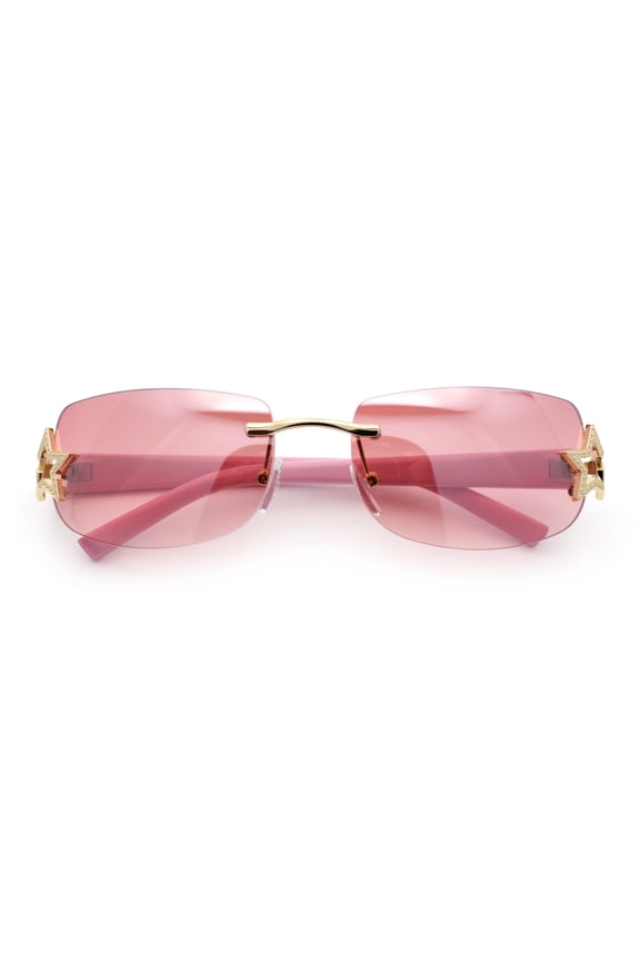Womens Rimless Star Rhinestone Jewel Rectangle Wrap Fancy Sunglasses Gold Pink - Pink