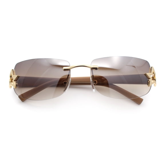 Womens Rimless Star Rhinestone Jewel Rectangle Wrap Fancy Sunglasses Gold Toffee - Brown