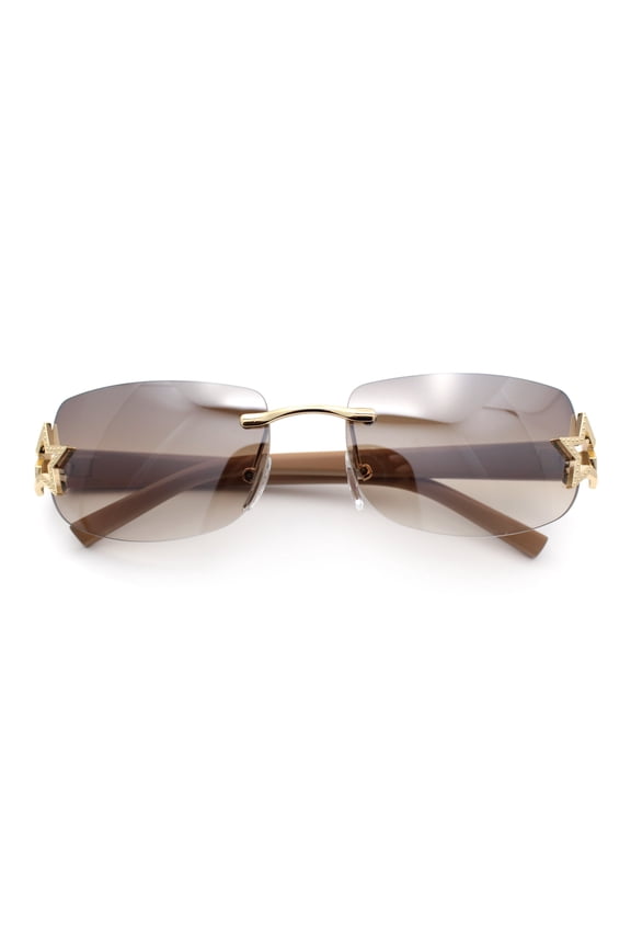 Womens Rimless Star Rhinestone Jewel Rectangle Wrap Fancy Sunglasses Gold Toffee - Brown