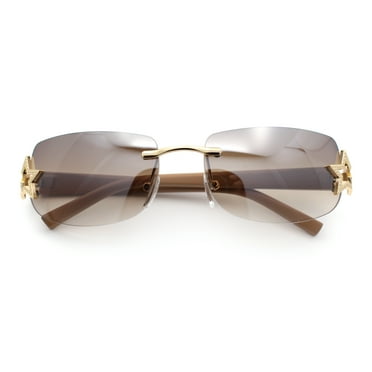 Womens Rimless Star Rhinestone Jewel Rectangle Wrap Fancy Sunglasses Gold Toffee - Brown