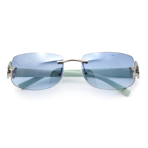 Womens Rimless Star Rhinestone Jewel Rectangle Wrap Fancy Sunglasses Silver Blue - Blue