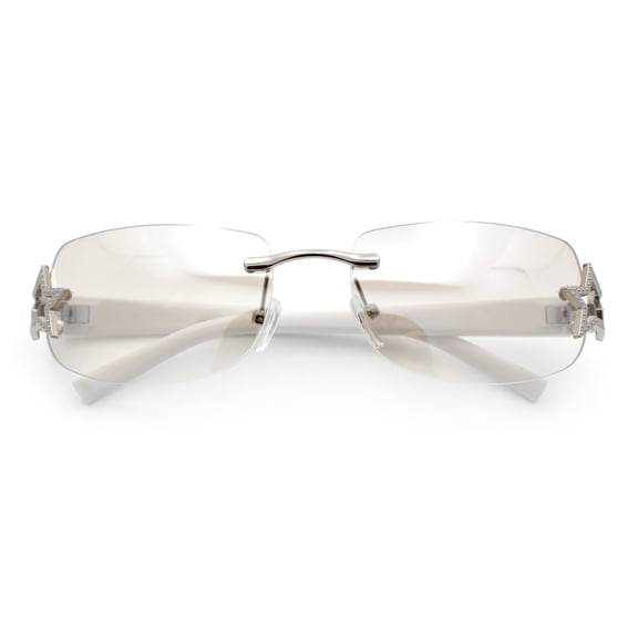 Womens Rimless Star Rhinestone Jewel Rectangle Wrap Fancy Sunglasses Silver White - Clear