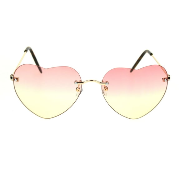 Womens Rimless Tie Dye Oceanic Gradient Lens Heart Sunglasses Gold Pink Yellow