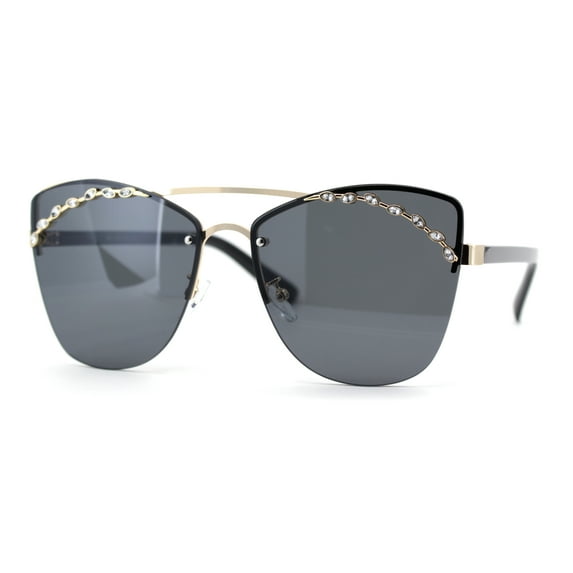 Womens Rimless Top Brow Trim Rhinestone Cat Eye Sunglasses Gold Black Solid Black