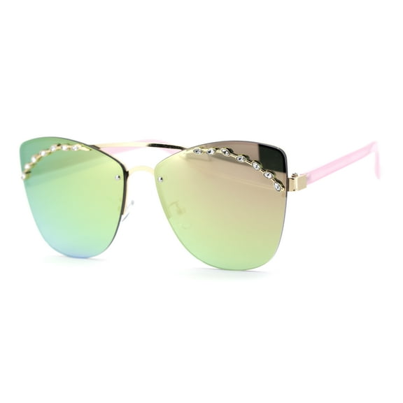 Womens Rimless Top Brow Trim Rhinestone Cat Eye Sunglasses Gold Pink Pink Mirror
