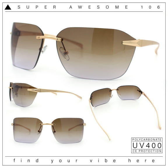 Womens Rimless Wrap Luxury Oversized Rectangle Metal Frame Sunglasses Gold - Brown Grey