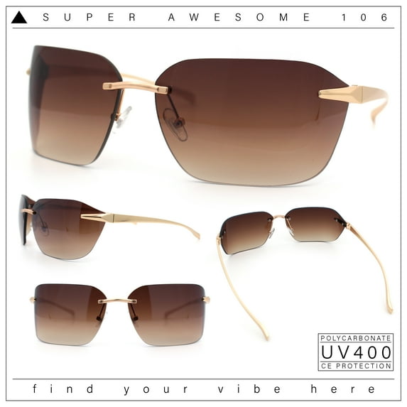 Womens Rimless Wrap Luxury Oversized Rectangle Metal Frame Sunglasses Gold - Brown