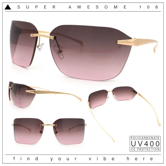 Womens Rimless Wrap Luxury Oversized Rectangle Metal Frame Sunglasses Gold - Purple Pink