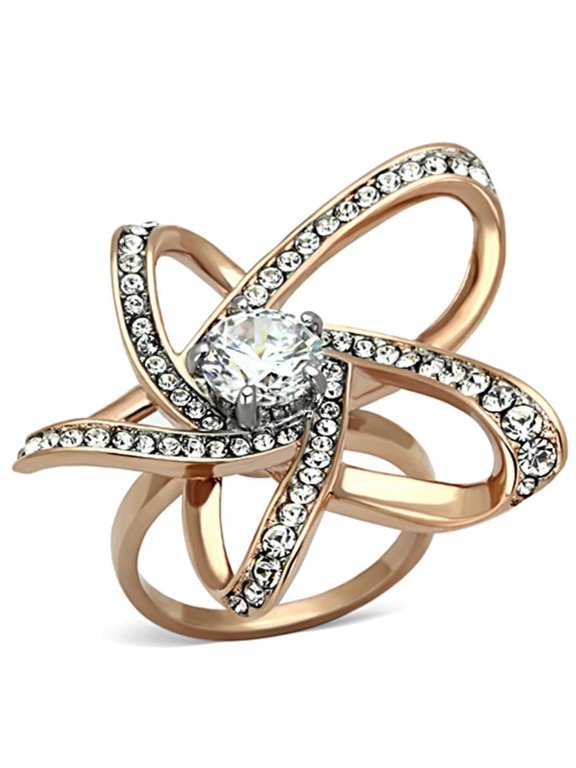 Womens Ring Brown Spiral Flower Stainless Steel Ring with AAA Grade CZ in Clear