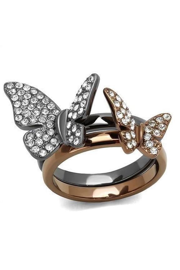 Womens Ring Butterflies Charcoal Brown Anillo Para Mujer 316L Stainless Steel Ring with Top Grade Crystal in Clear Priscilla