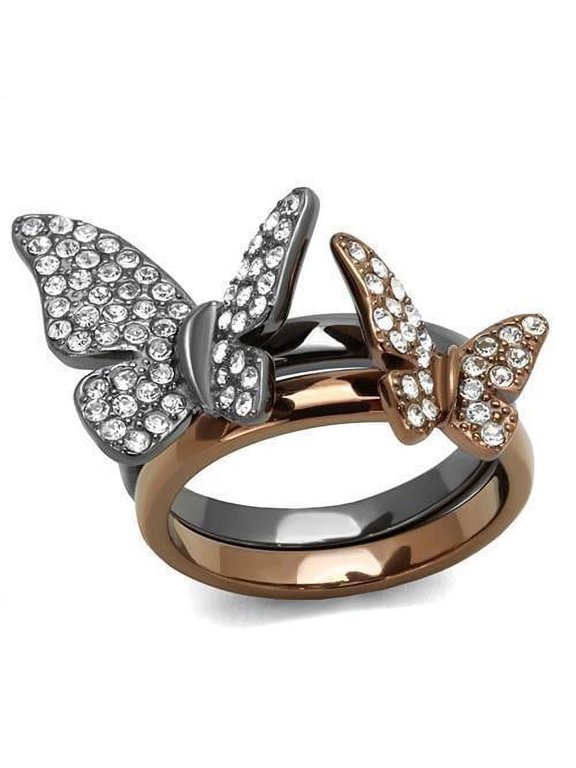 Womens Ring Butterflies Charcoal Brown Anillo Para Mujer Stainless Steel Ring with Top Grade Crystal in Clear Priscilla