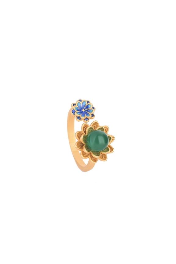 Womens Ring Chinese Style Antique Lotus Flower Enamel Agate Chalcedony Gold Plated Statement Handcrafted Jewelry