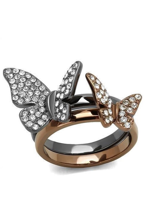 Womens Ring Coffe Brown Butterlfies Stainless Steel Ring with Top Grade Crystal in Clear