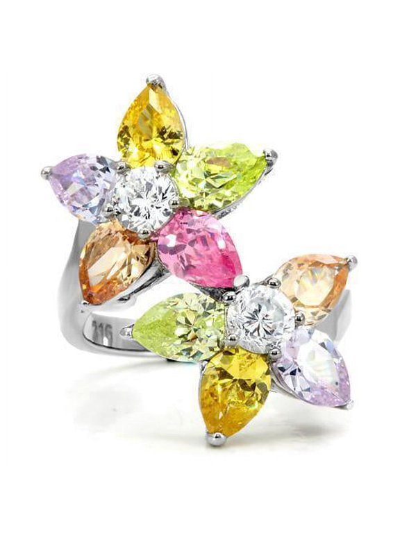 Womens Ring Flowers Multi Color Tear Drop Round Cuts Stainless Steel, AAA CZ