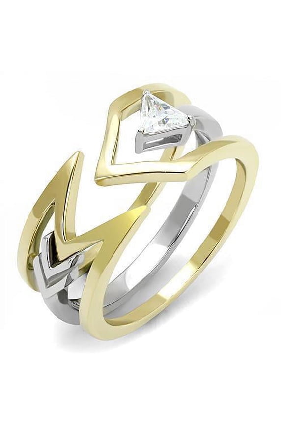 Womens Ring Gold Silver Triangle Stone Two Tone Stainless Steel Ring with AAA Grade CZ