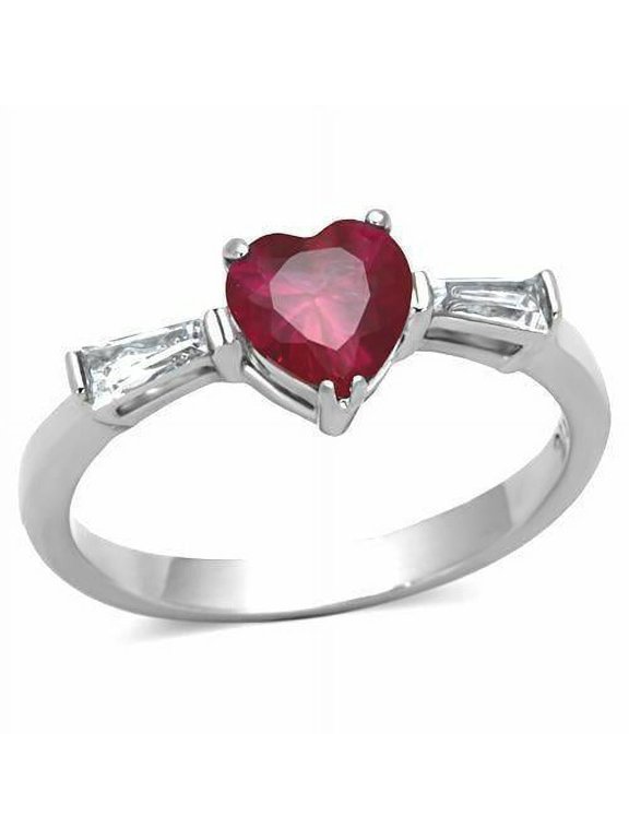 Womens Ring Stainless Steel Red Ruby Heart CZ Baguette Love Engagement Wedding Promise Ring