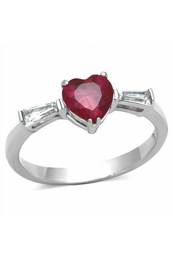 Womens Ring Stainless Steel Red Ruby Heart CZ Baguette Love Engagement Wedding Promise Ring