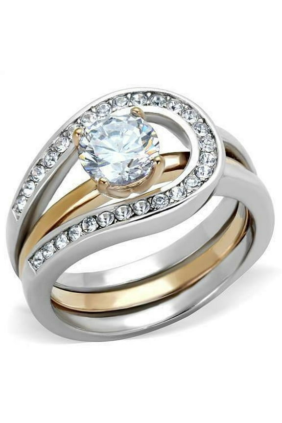 Womens Ring Stainless Steel Rose Gold EP Round cz Wedding Engagement 2 PC Tone Ring Set