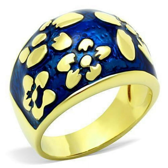 Womens Rings Blue Golden Flowers Stainless Steel Ring with Epoxy in Capri Blue