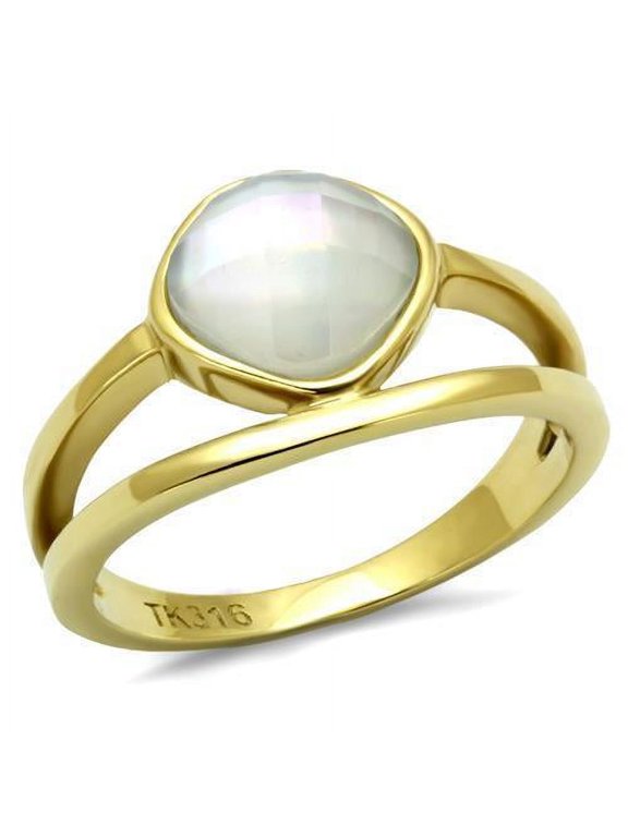 Womens Rings Gold Round Stainless Steel Ring with Precious Stone Conch in White