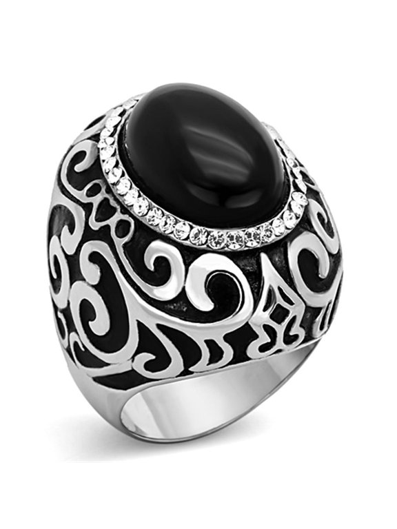 Womens Rings High polished (no plating) Stainless Steel Ring with Synthetic Cat Eye in Jet TK1211