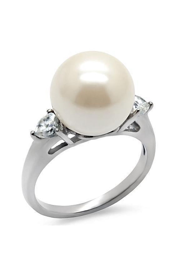Womens Rings High polished (no plating) Stainless Steel Ring with Synthetic Pearl in Aurora Borealis (Rainbow Effect) TK090