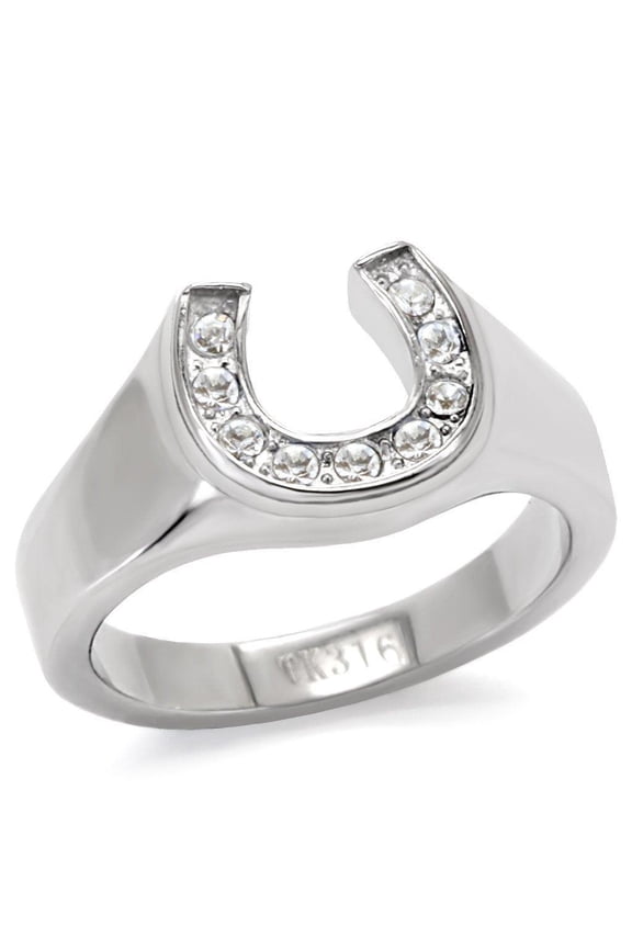 Womens Rings Horse Shoe Cowgirl Silver Stainless Steel Ring with Top Grade Crystal in Clear