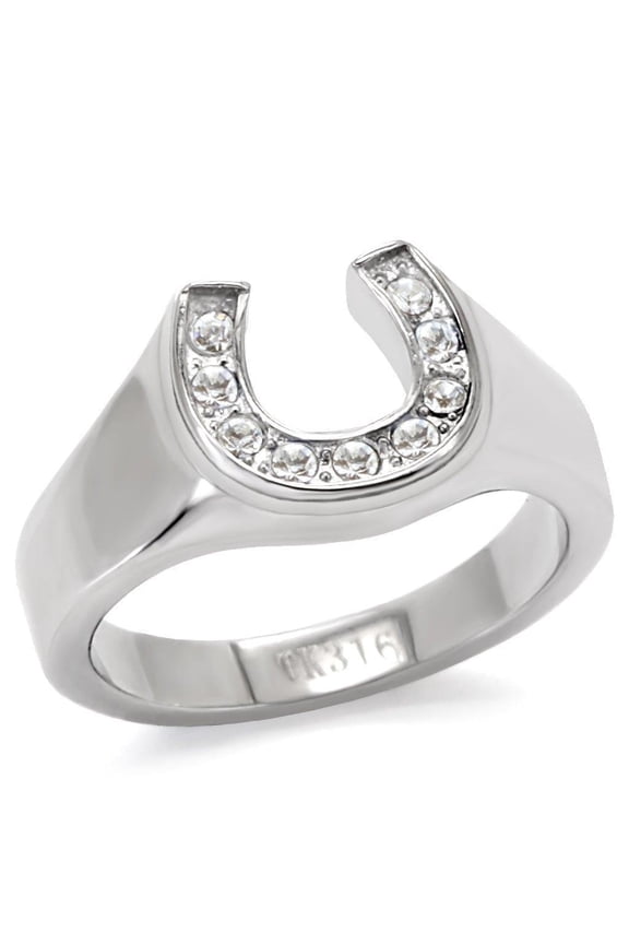 Womens Rings Horse Shoe Cowgirl Silver Stainless Steel Ring with Top Grade Crystal in Clear