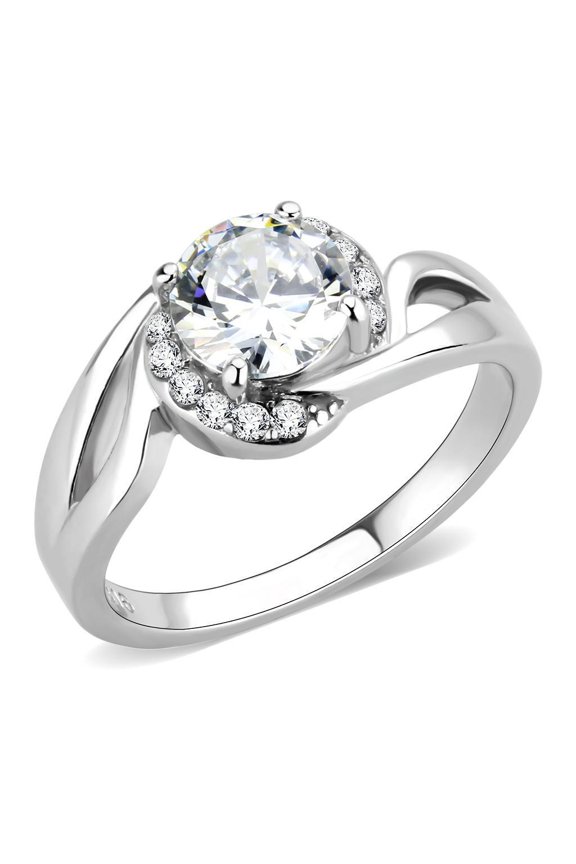 Womens Rings Round Cut Silver Stainless Steel Ring with AAA Grade CZ in Clear
