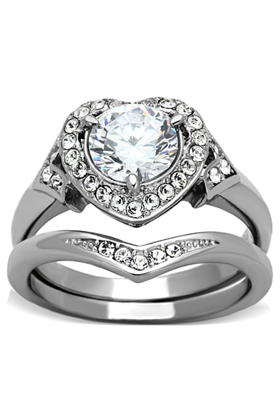 Womens Rings Silver Heart Two in One Stainless Steel Ring with AAA Grade CZ in Clear