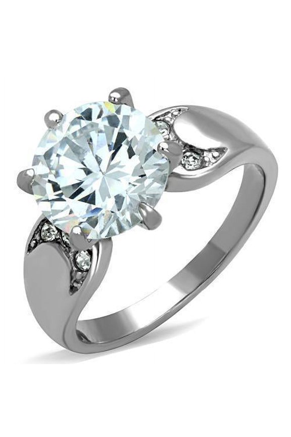 Womens Rings Silver Large Solitaire Stainless Steel Ring with AAA Grade CZ in Clear