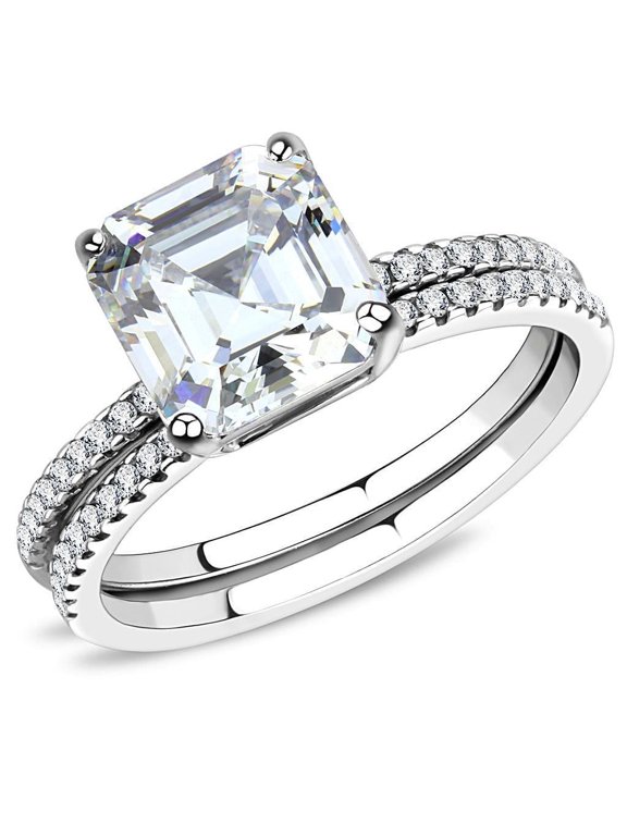 Womens Rings Silver Princess Cut Squared Stainless Steel Ring with Cubic in Clear