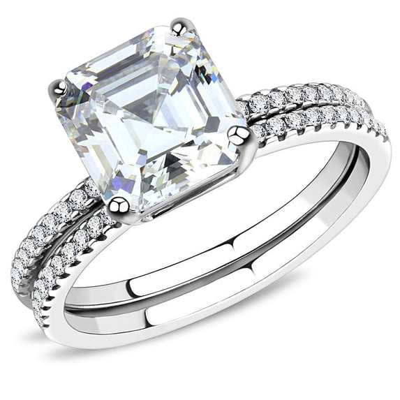 Womens Rings Silver Princess Cut Squared Stainless Steel Ring with Cubic in Clear