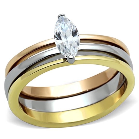 Womens Rings Three Tone IP Gold & IP Rose Gold & High Polished) Stainless Steel Ring with AAA Grade CZ in Clear TK1276