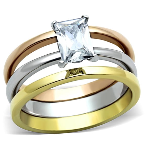 Womens Rings Three Tone IP Gold & IP Rose Gold & High Polished) Stainless Steel Ring with AAA Grade CZ in Clear TK1282