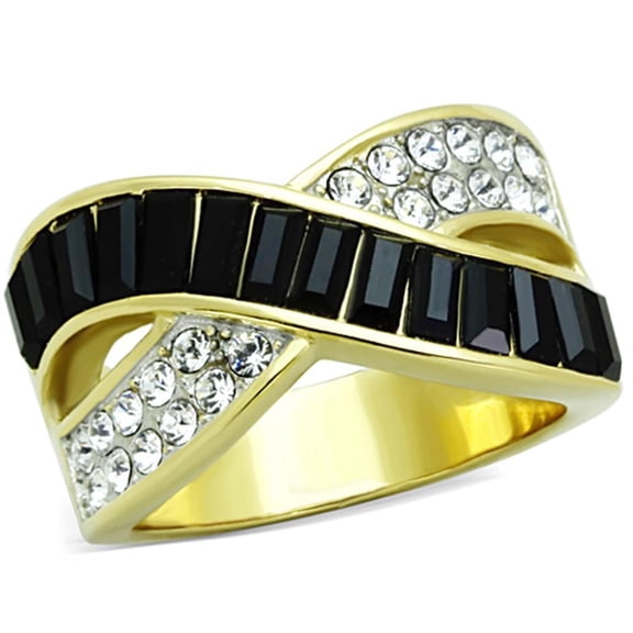 Womens Rings Two-Tone IP Gold (Ion Plating) 316L Stainless Steel Ring with Top Grade Crystal in Jet TK1577