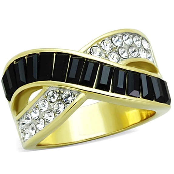 Womens Rings Two-Tone IP Gold (Ion Plating) 316L Stainless Steel Ring with Top Grade Crystal in Jet TK1577