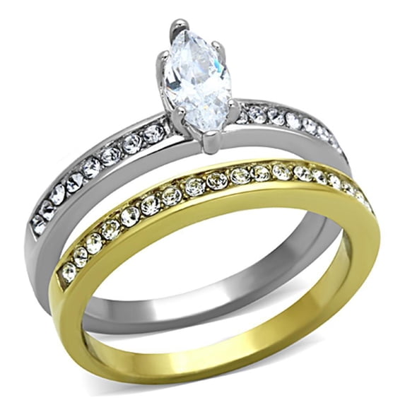 Womens Rings Two-Tone IP Gold (Ion Plating) Stainless Steel Ring with AAA Grade CZ in Clear TK1285