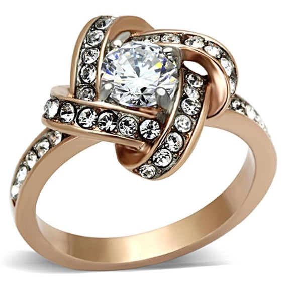 Womens Rings Two-Tone IP Rose Gold 316L Stainless Steel Ring with AAA Grade CZ in Clear TK1166