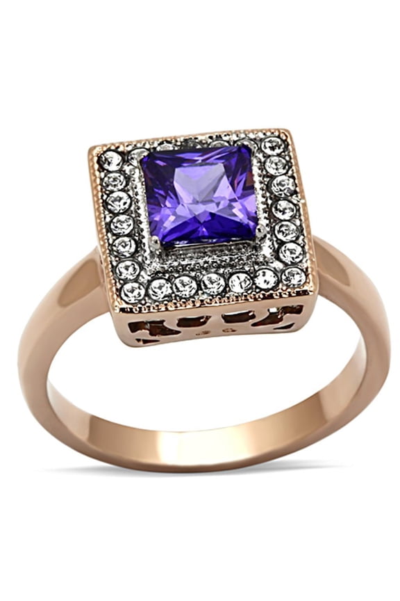 Womens Rings Two-Tone IP Rose Gold 316L Stainless Steel Ring with AAA Grade CZ in Tanzanite TK1162