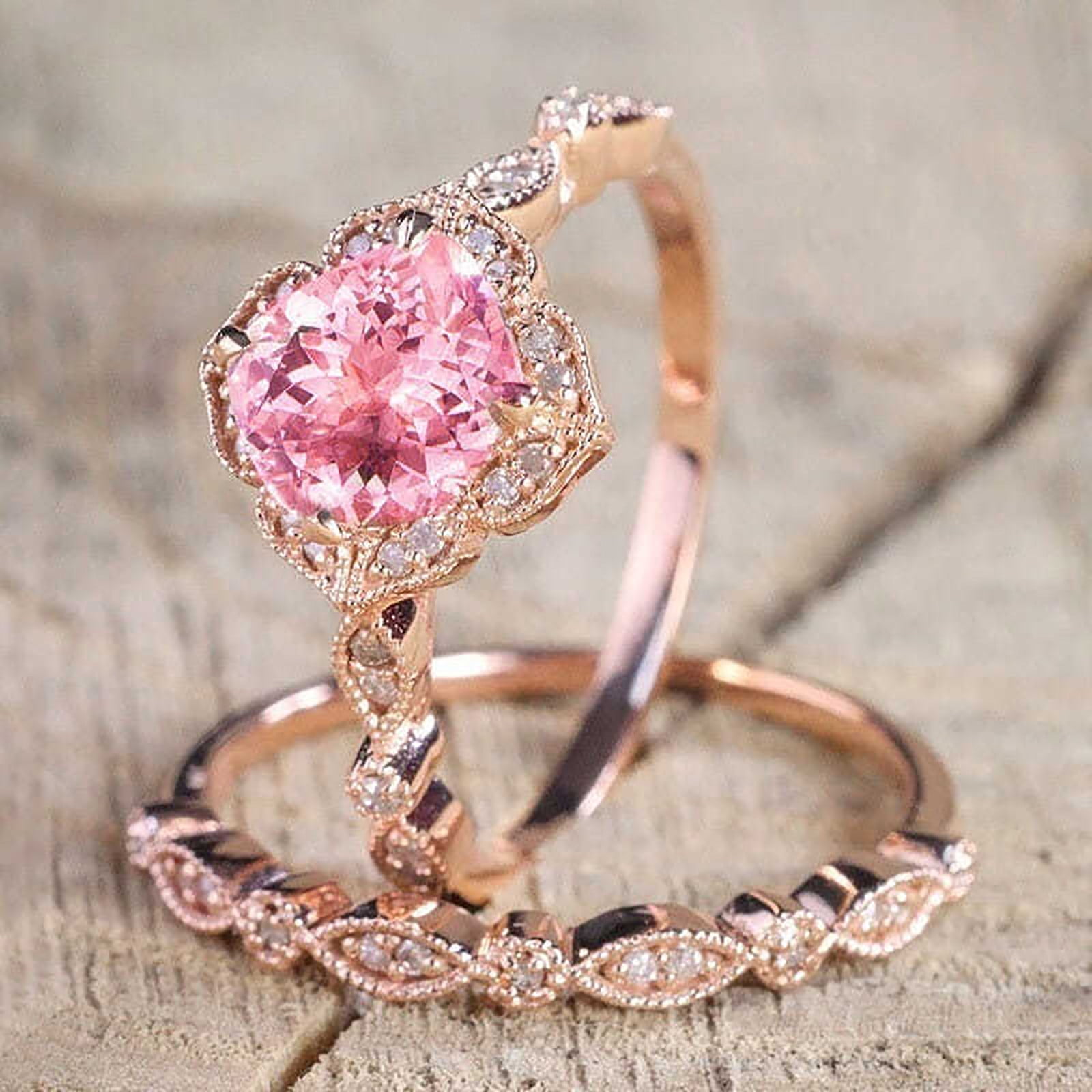 Womens Rings Vintage Floral Engagement Ring Pink Diamond Wedding Band Ring  Set