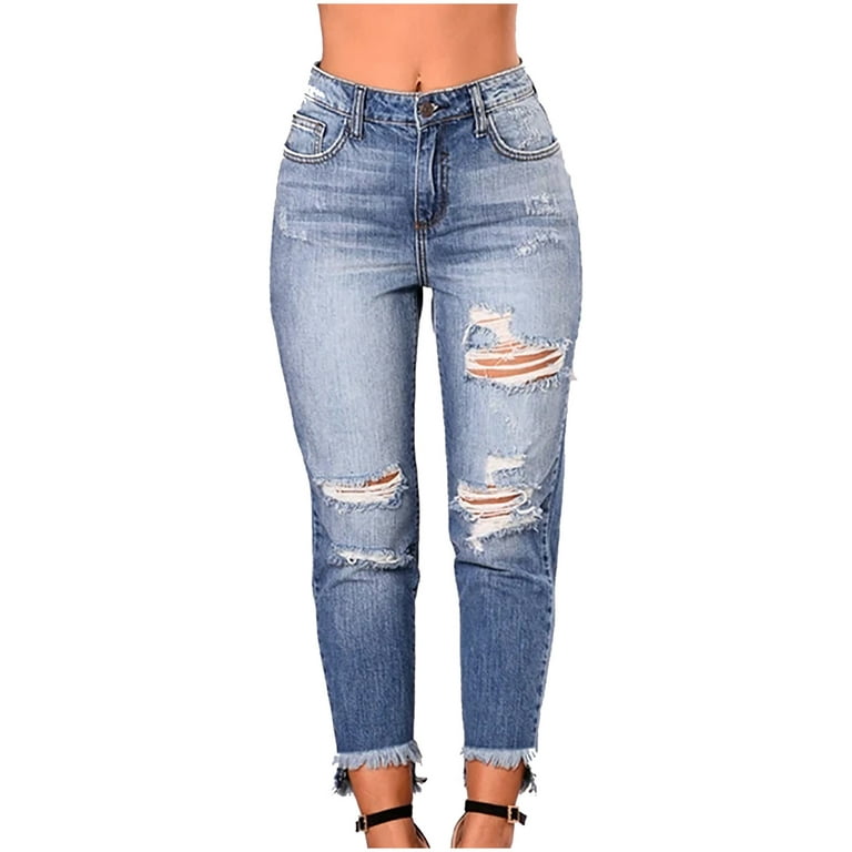 Womens Ripped Capri Jeans Slim Fit Skinny Stretch Destroyed Denim Capri  Pant Frayed Cropped Denim Jeans Trousers with Pockets