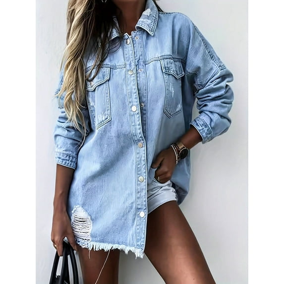 Womens Ripped Collared Denim Jacket With Long Sleeves And Original Edge Flap Pockets