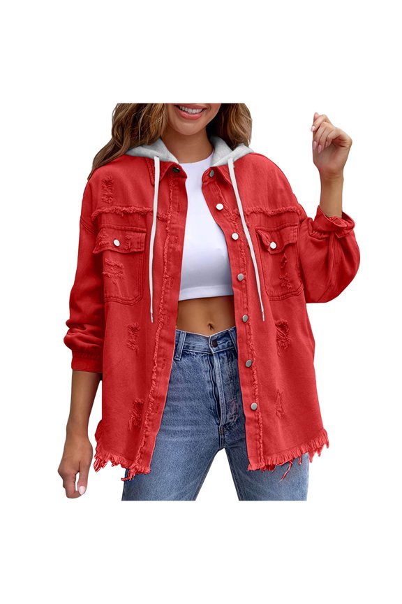 Womens Ripped Denim Jacket Frayed Hem Button Front Boyfriend Jean Coat Western Shacket with Pockets 2026 Trendy