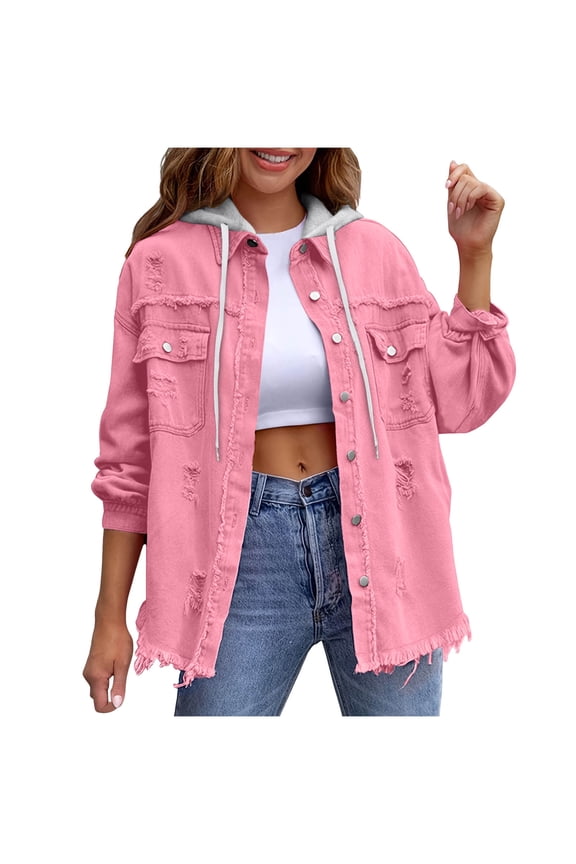 Womens Ripped Denim Jacket Frayed Hem Button Front Boyfriend Jean Coat Western Shacket with Pockets 2026 Trendy