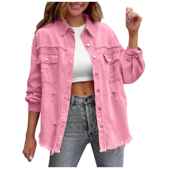 Womens Ripped Distressed Denim Jacket Tops Oversized Casual Long Sleeve Button Down Basic Jean Jackets Coat (XL, Pink)